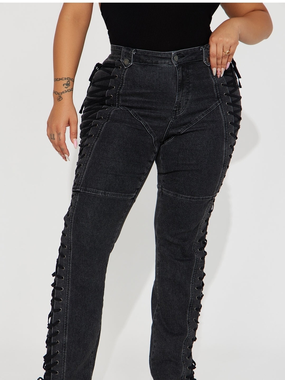 After Hours Lace-Up High-Waist Jeans - Black